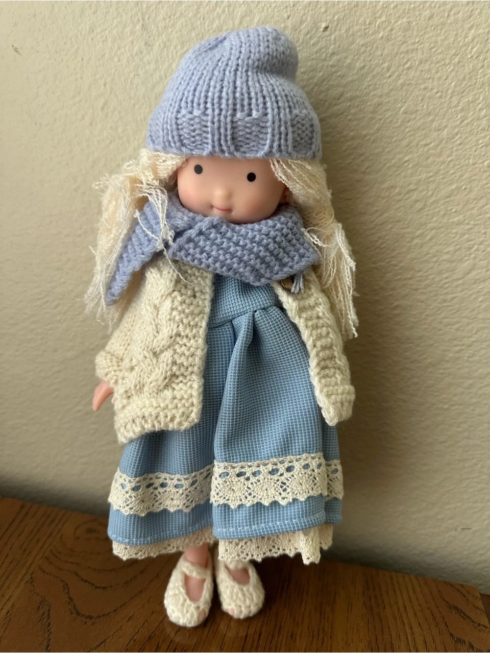 Girl Doll with Blue Knitted Accessories & Lace